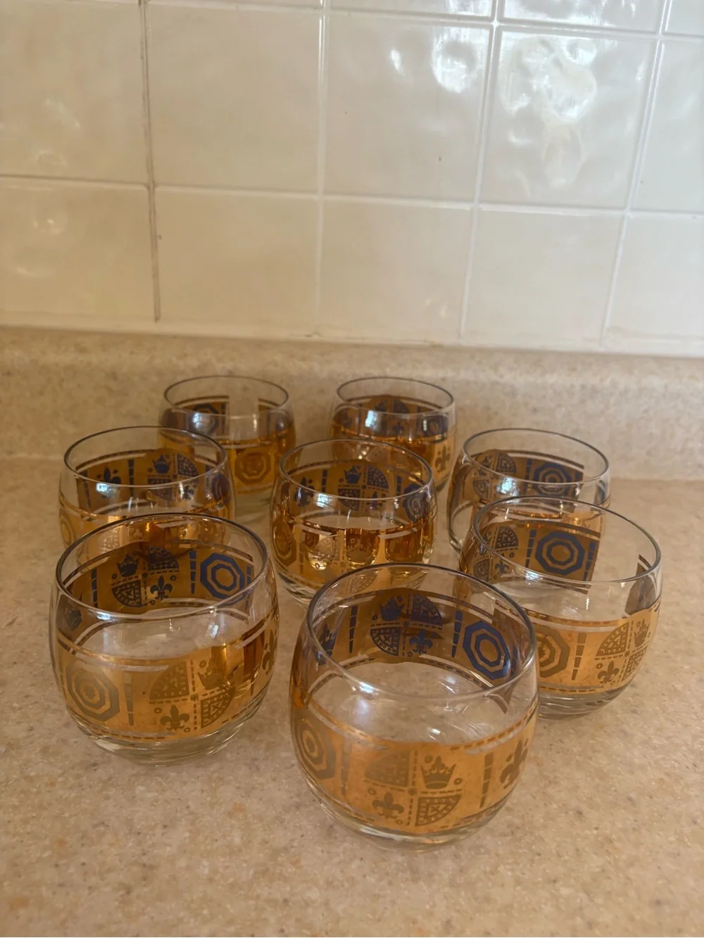 60's Culver Coronet Roly Poly Glasses 8 22k Gold MCM Barware Hollywood Regency